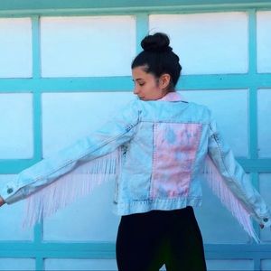 (Sold) Acid wash pink denim fringe jacket